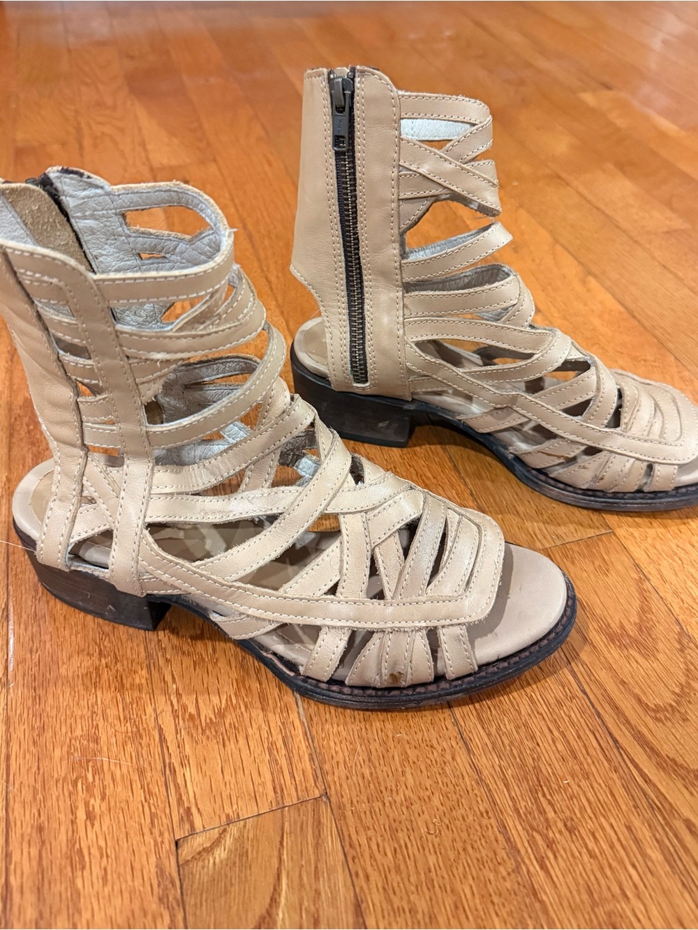 Freebird by Steven Beige Strappy Zip Gladiator Mules